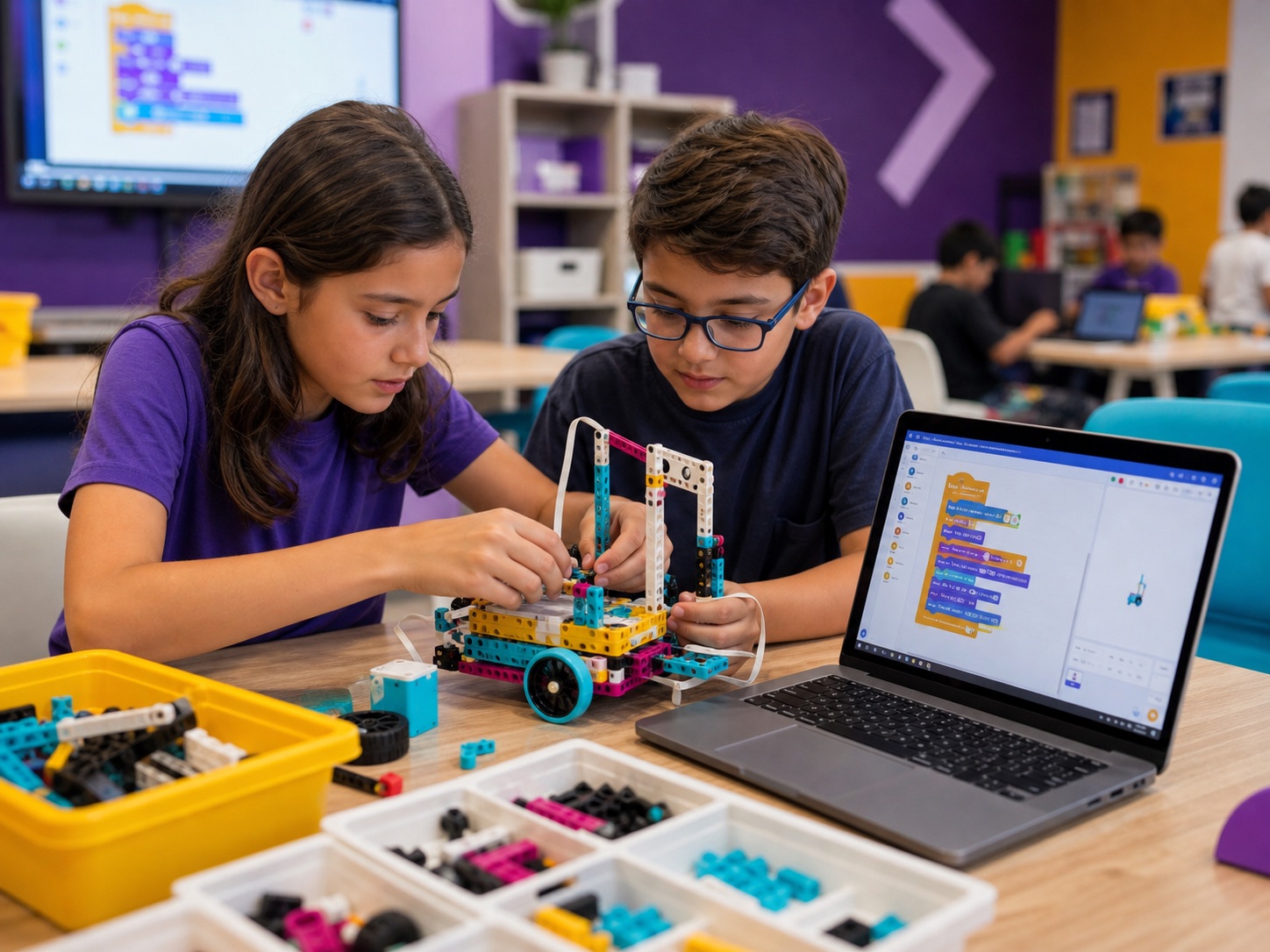 Alumnos construyendo robotica educativa tipo LEGO Education con programacion por bloques