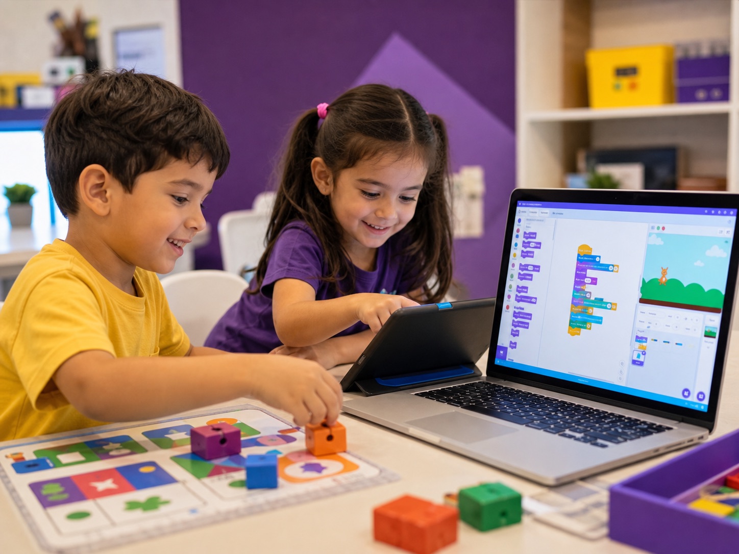 Ninos explorando programacion por bloques tipo Scratch en Kody