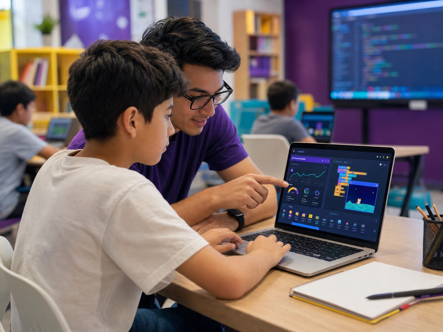 Alumno revisando una ruta adaptativa con metricas y bloques de programacion