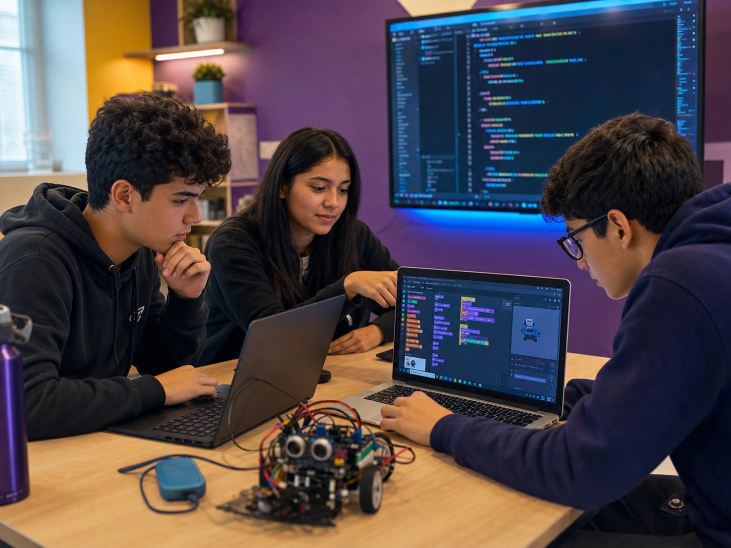 Estudiantes resolviendo retos con codigo, robotica y programacion visual