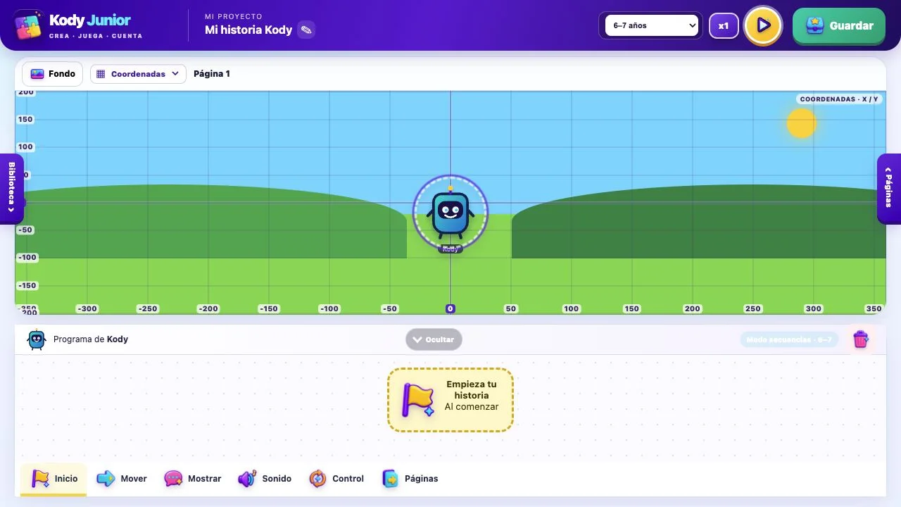 Interfaz de Kody Junior con un escenario visual y bloques para crear historias