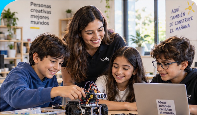 Mentora y estudiantes construyendo un robot en Kody