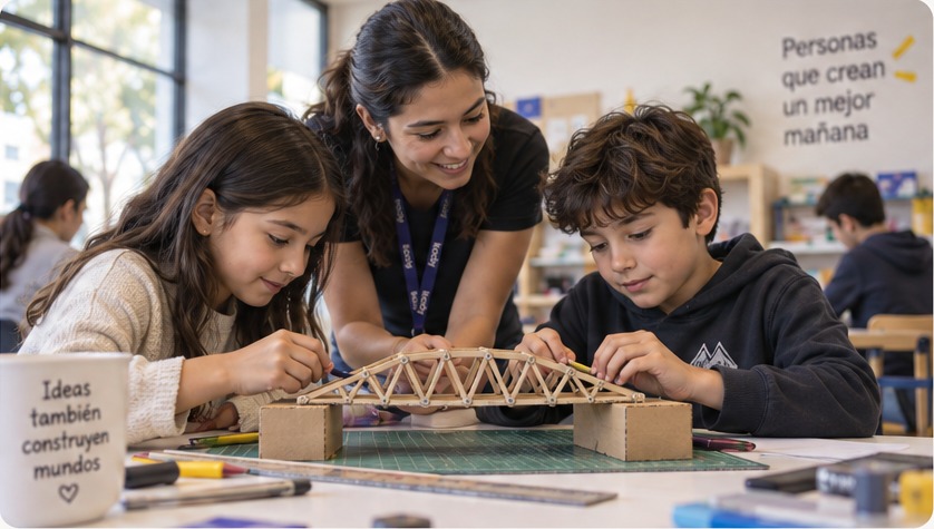 Mentora guiando a estudiantes en la construcción de un puente