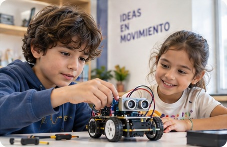 Estudiantes construyendo un robot
