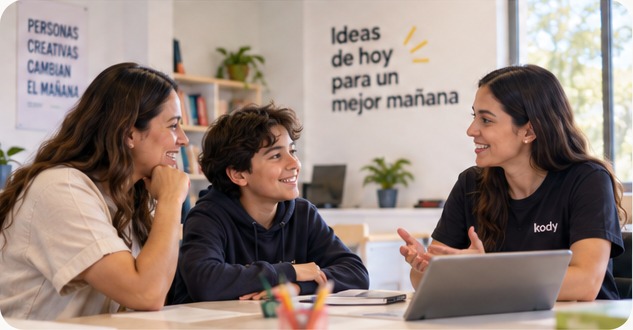 Familia conversando con una mentora Kody