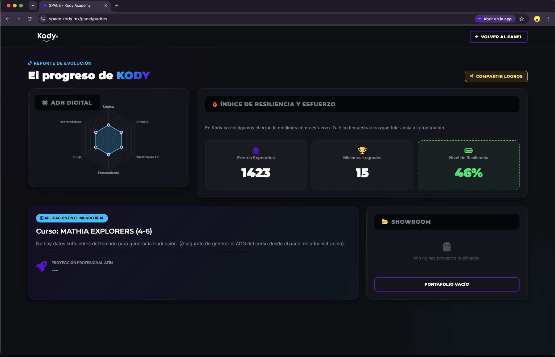 Reporte de evolución con ADN digital, resiliencia y avance del alumno en Kody Space