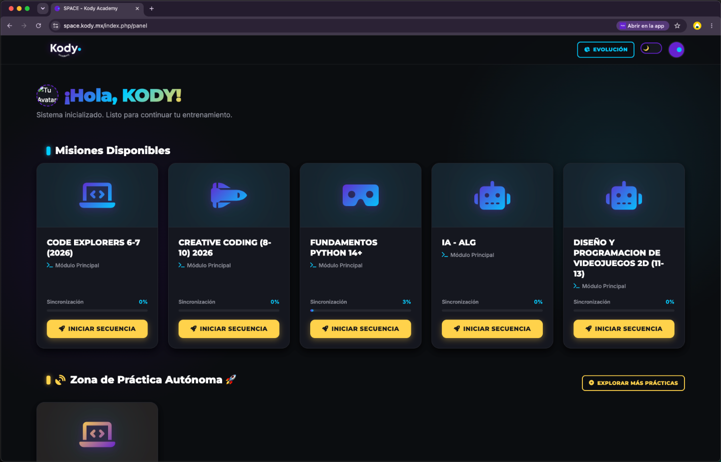 Panel de misiones disponibles en Kody Space