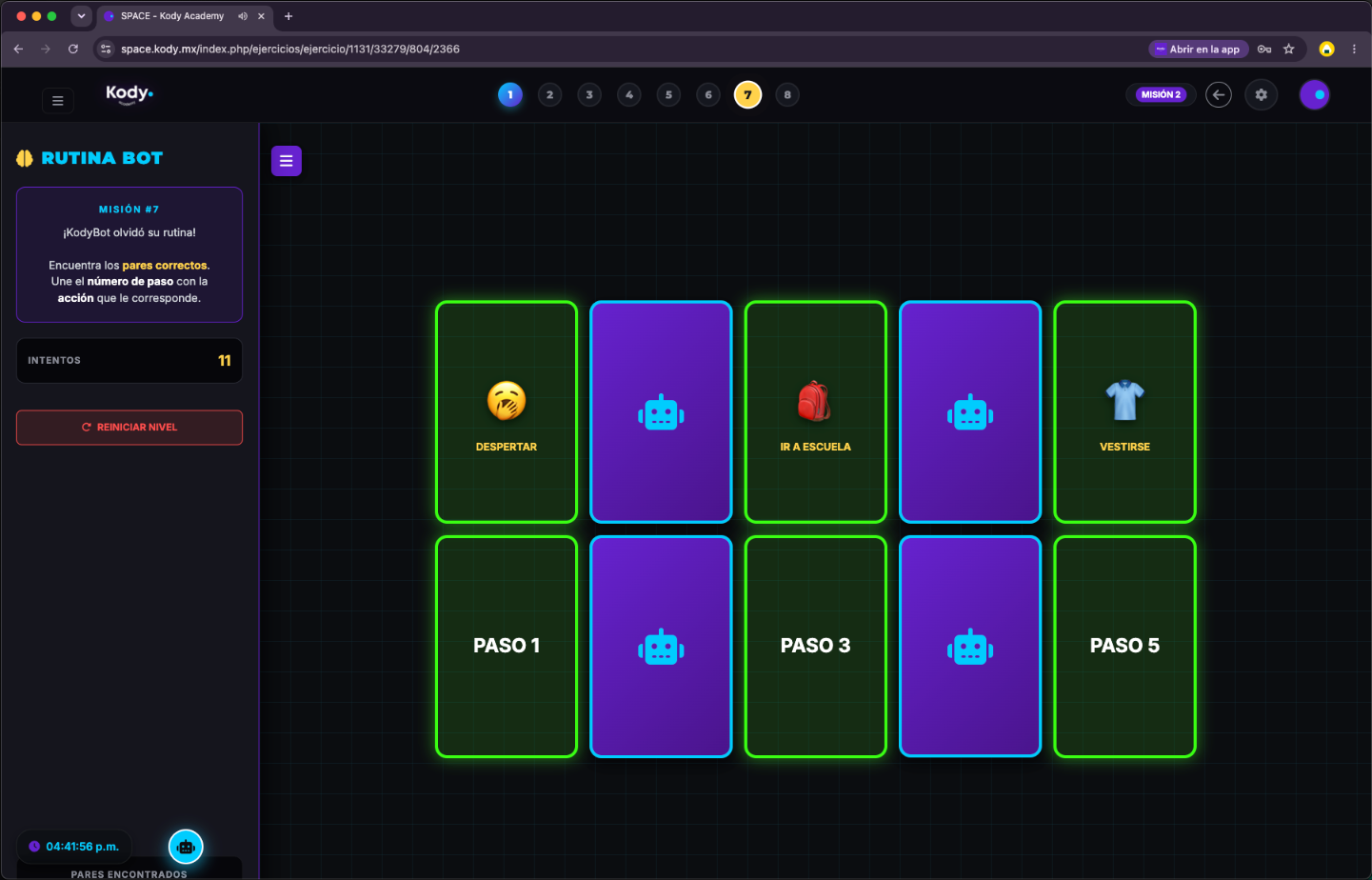 Rutina bot con tarjetas de pasos y acciones